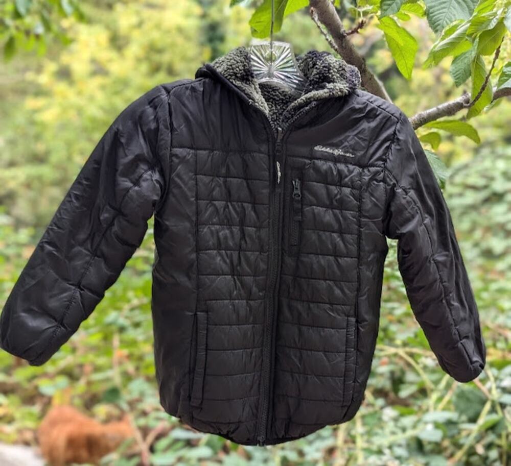 Eddie Bauer boys reversible jacket faux fur puffer coat black and Camo XS (5/6)